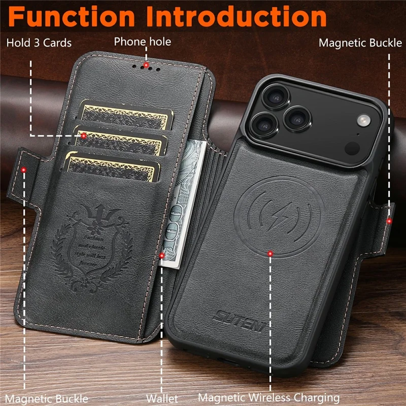 SUTENI Q-06 Funda de Cuero para iPhone 17 Pro con Diseño de Colores Combinados, Magnética y Desmontable - Negro