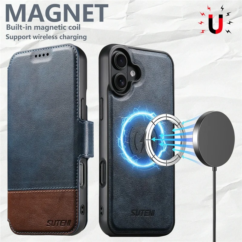 SUTENI Q-06 For iPhone 17 Case Color Splicing Magnetic Detachable Leather Phone Cover - Blue