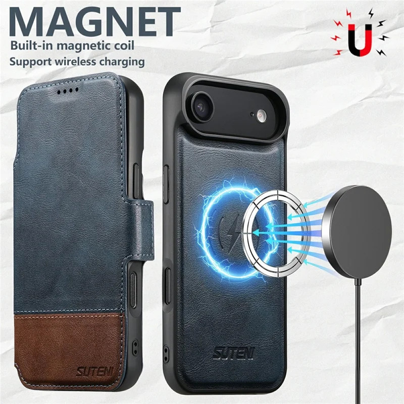 SUTENI Q-06 For iPhone 17 Air Case Color Splicing Magnetic Detachable Leather Phone Cover - Blue