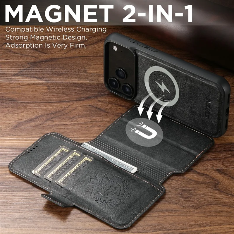 SUTENI Q-07 For iPhone 17 Pro Max Case Magnetic Color Splicing Cowhide Texture Leather Cover - Black