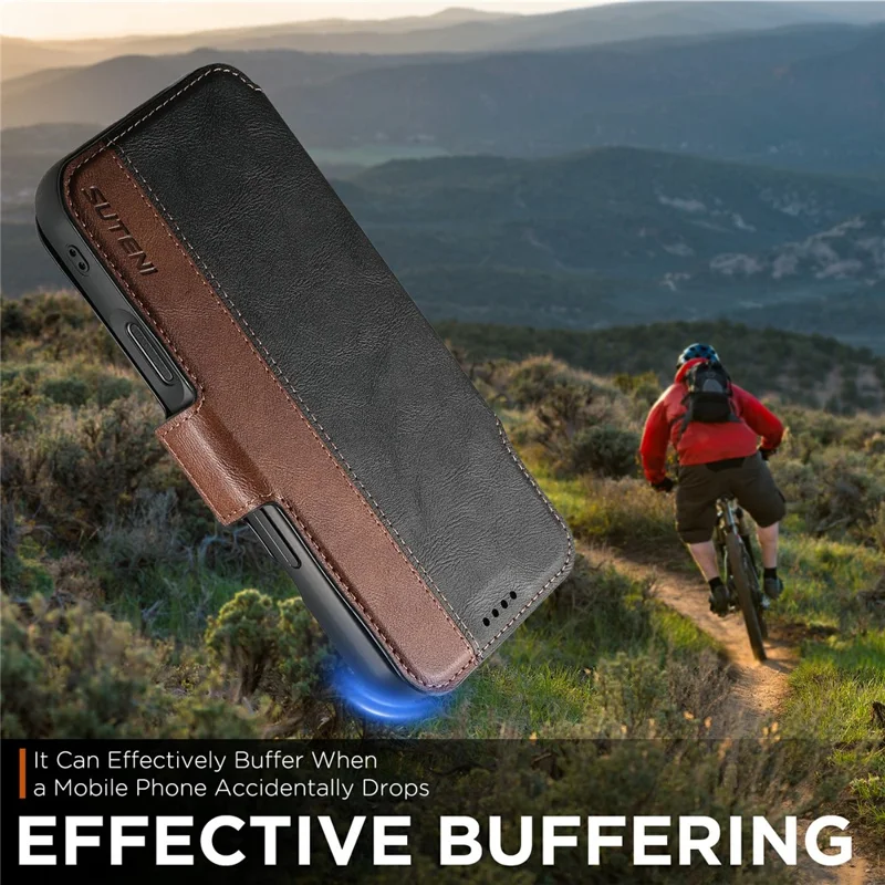 SUTENI Q-07 For iPhone 17 Pro Case Magnetic Color Splicing Cowhide Texture Leather Cover - Black