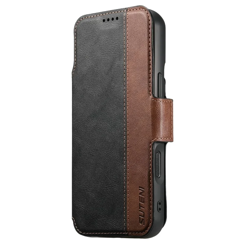 SUTENI Q-07 For iPhone 17 Pro Case Magnetic Color Splicing Cowhide Texture Leather Cover - Black