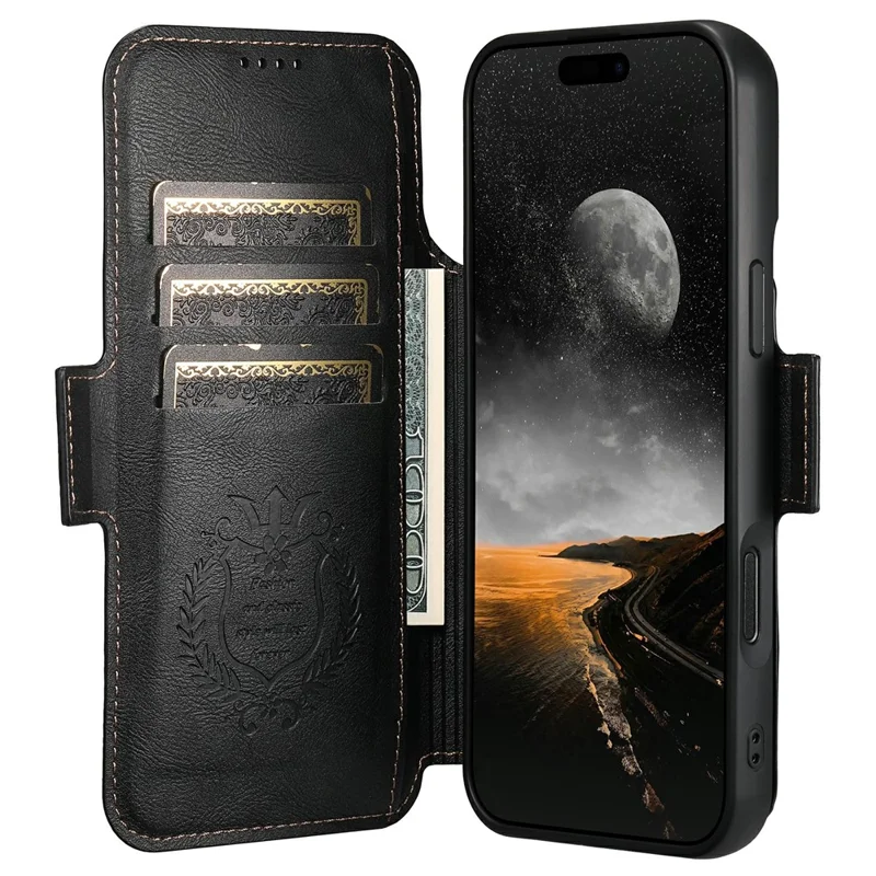 SUTENI Q-07 For iPhone 17 Pro Case Magnetic Color Splicing Cowhide Texture Leather Cover - Black