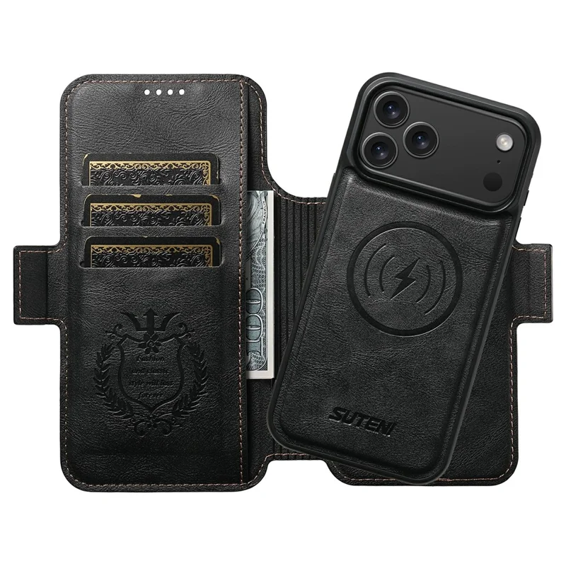 SUTENI Q-07 For iPhone 17 Pro Case Magnetic Color Splicing Cowhide Texture Leather Cover - Black