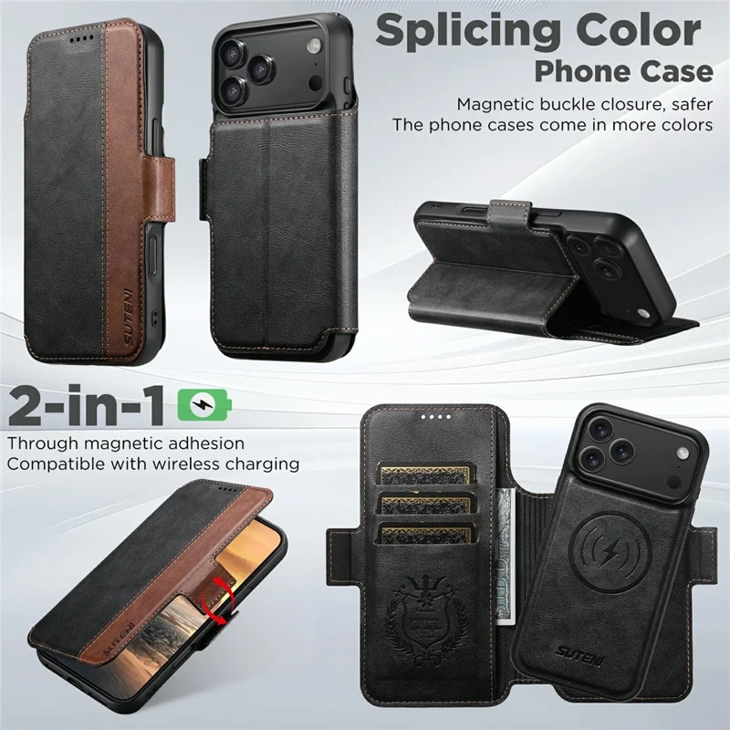 SUTENI Q-07 For iPhone 17 Pro Case Magnetic Color Splicing Cowhide Texture Leather Cover - Black