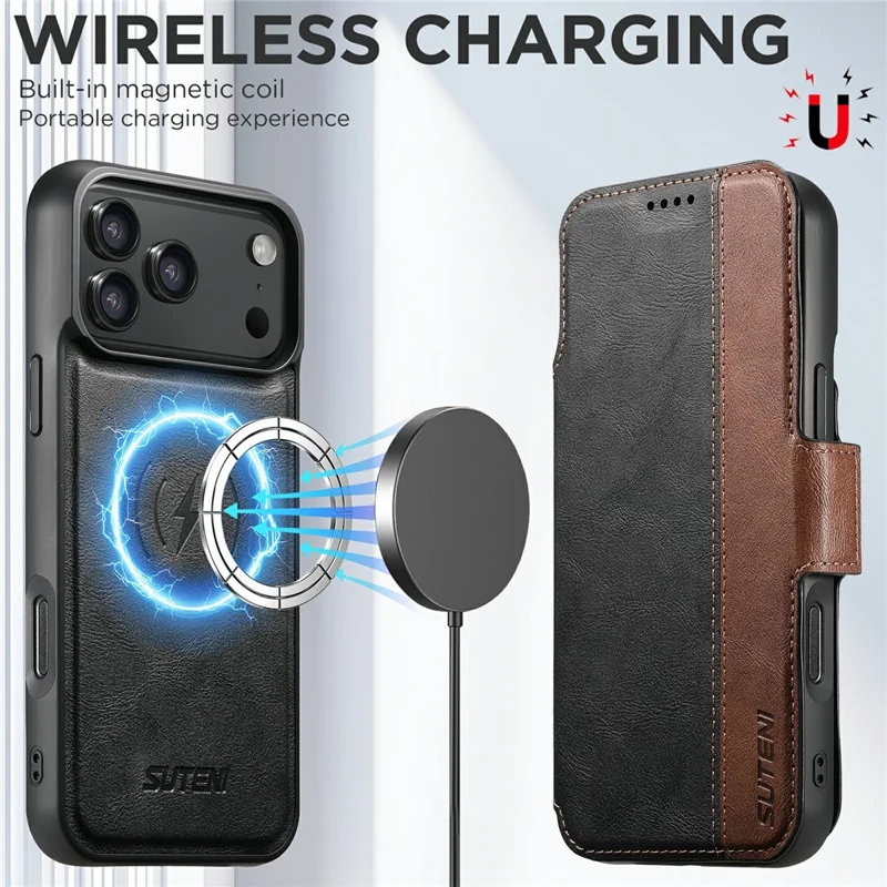 SUTENI Q-07 For iPhone 17 Pro Case Magnetic Color Splicing Cowhide Texture Leather Cover - Black