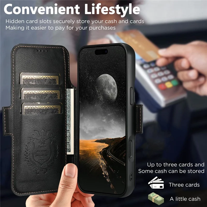 SUTENI Q-07 For iPhone 17 Pro Case Magnetic Color Splicing Cowhide Texture Leather Cover - Black