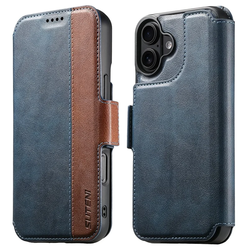 SUTENI Q-07 For iPhone 17 Case Magnetic Color Splicing Cowhide Texture Leather Cover - Blue