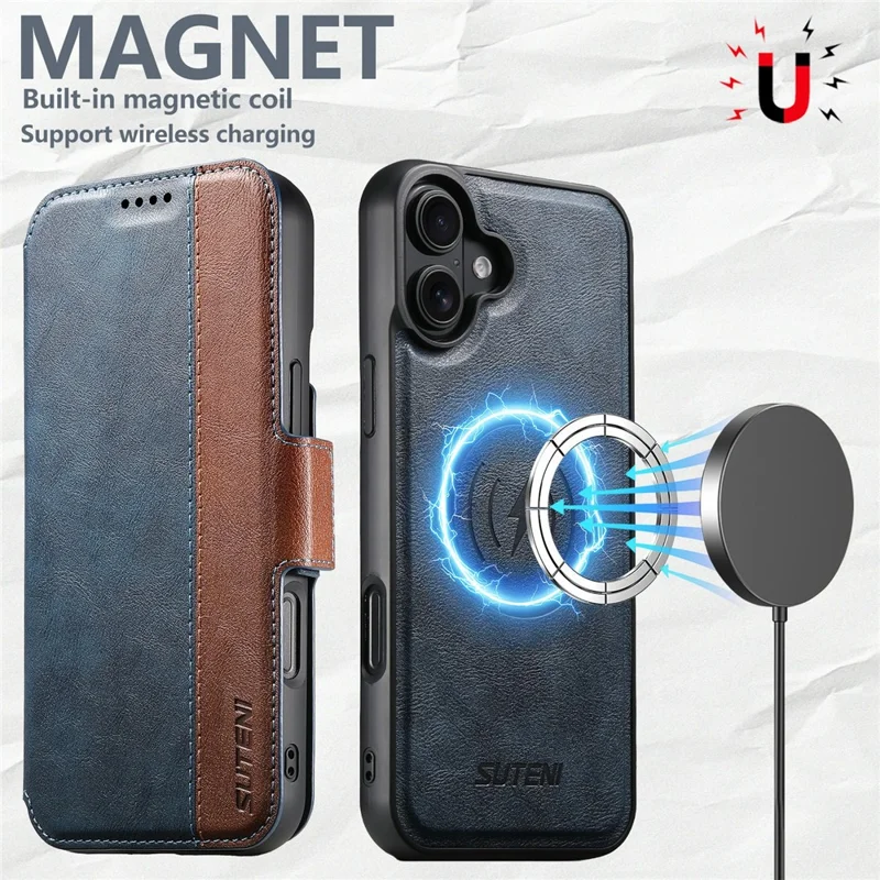 SUTENI Q-07 For iPhone 17 Case Magnetic Color Splicing Cowhide Texture Leather Cover - Blue