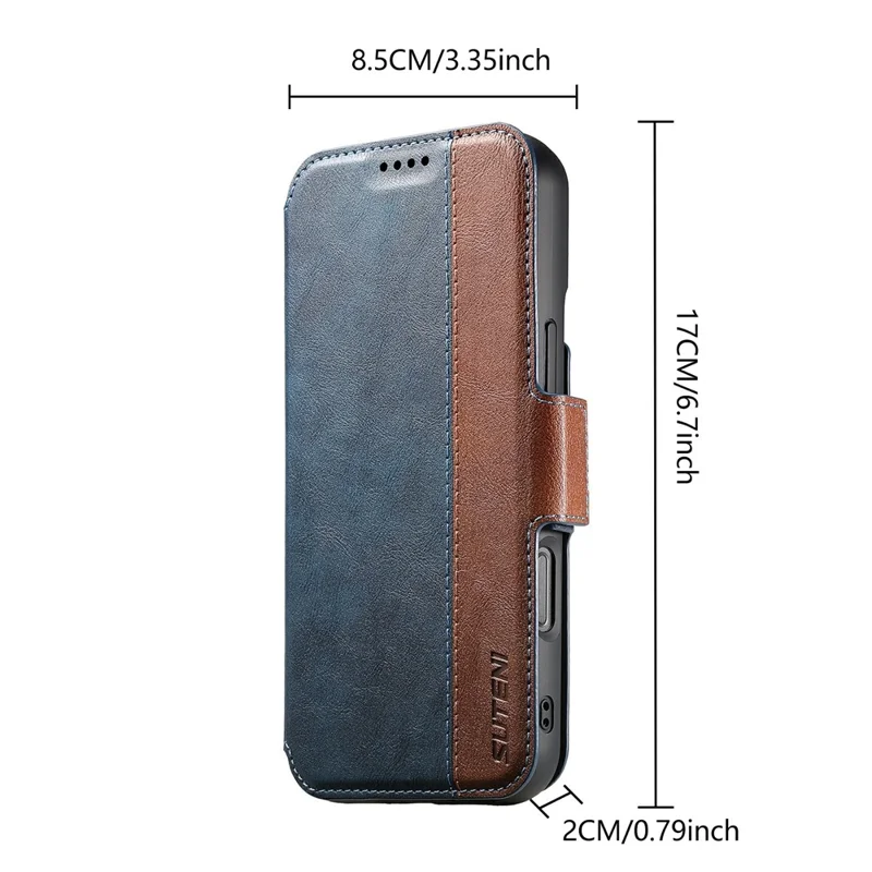 SUTENI Q-07 For iPhone 17 Case Magnetic Color Splicing Cowhide Texture Leather Cover - Blue