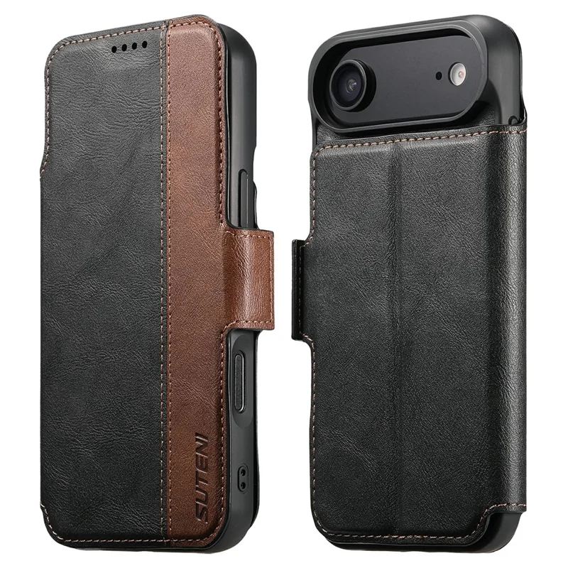 SUTENI Q-07 For iPhone 17 Air Case Magnetic Color Splicing Cowhide Texture Leather Cover - Black