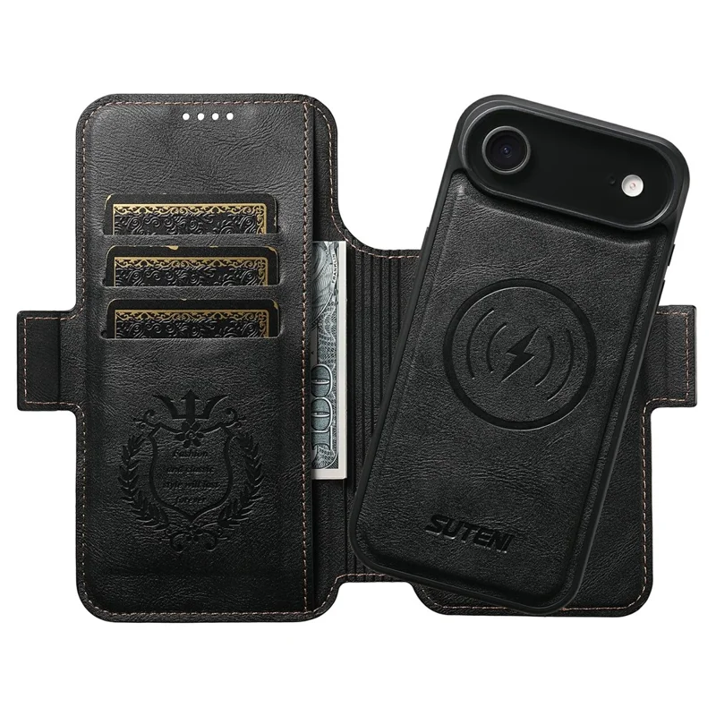 SUTENI Q-07 For iPhone 17 Air Case Magnetic Color Splicing Cowhide Texture Leather Cover - Black