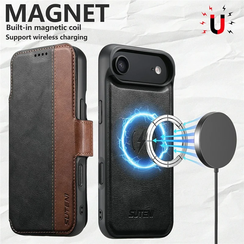 SUTENI Q-07 For iPhone 17 Air Case Magnetic Color Splicing Cowhide Texture Leather Cover - Black