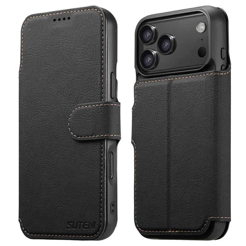 SUTENI Q-05 For iPhone 17 Pro Max Case Detachable Wallet Stand Litchi Texture Leather Flip Phone Cover - Black