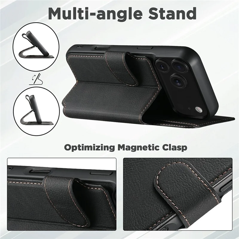 SUTENI Q-05 For iPhone 17 Pro Max Case Detachable Wallet Stand Litchi Texture Leather Flip Phone Cover - Black