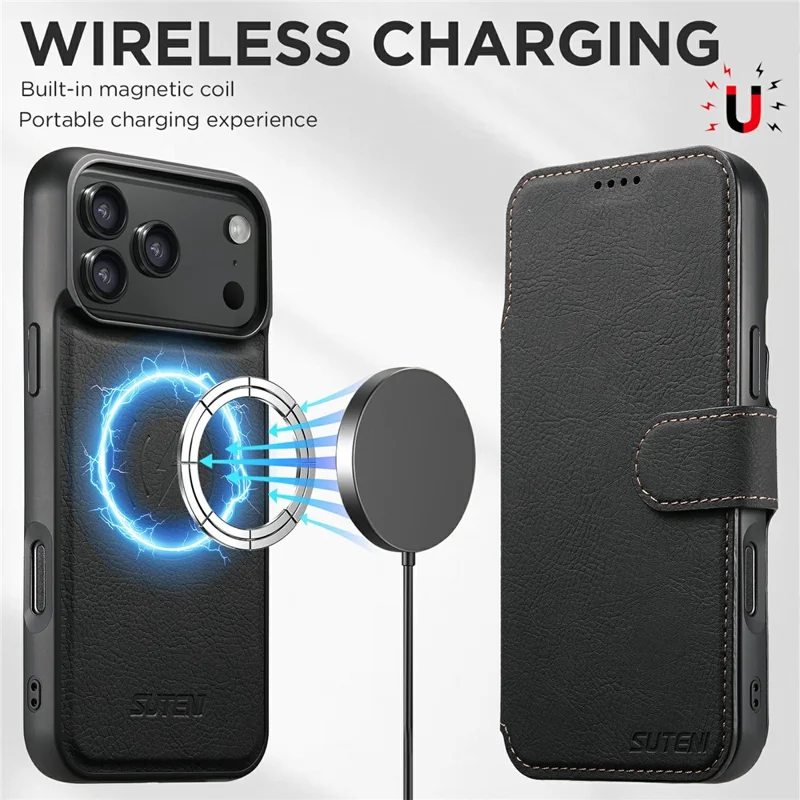 SUTENI Q-05 For iPhone 17 Pro Max Case Detachable Wallet Stand Litchi Texture Leather Flip Phone Cover - Black