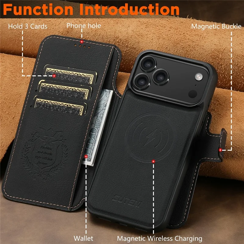 SUTENI Q-05 For iPhone 17 Pro Max Case Detachable Wallet Stand Litchi Texture Leather Flip Phone Cover - Black