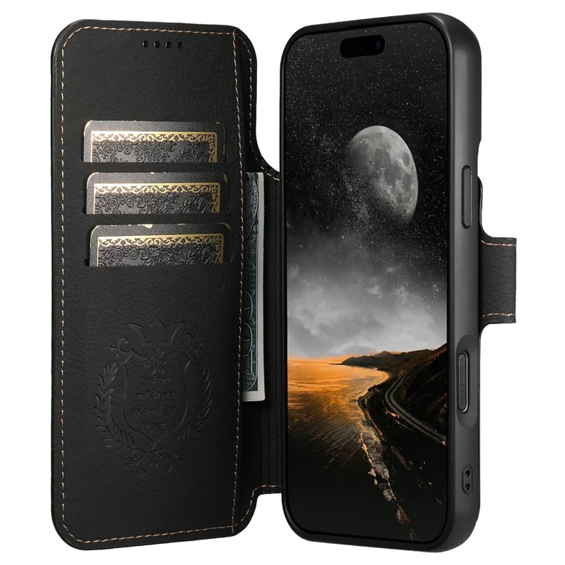 SUTENI Q-05 For iPhone 17 Pro Case Detachable Wallet Stand Litchi Texture Leather Flip Phone Cover - Black