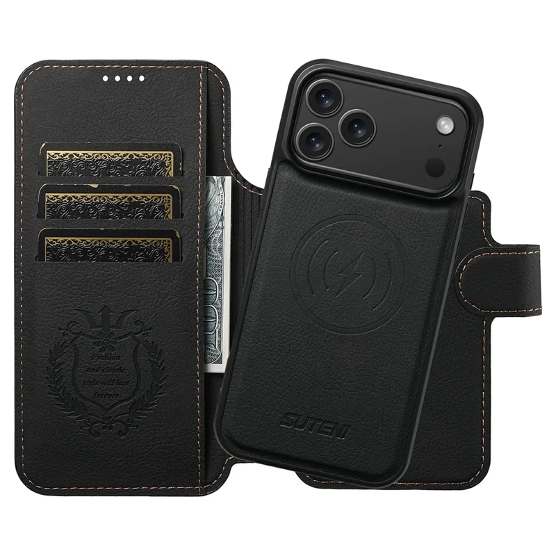 SUTENI Q-05 For iPhone 17 Pro Case Detachable Wallet Stand Litchi Texture Leather Flip Phone Cover - Black