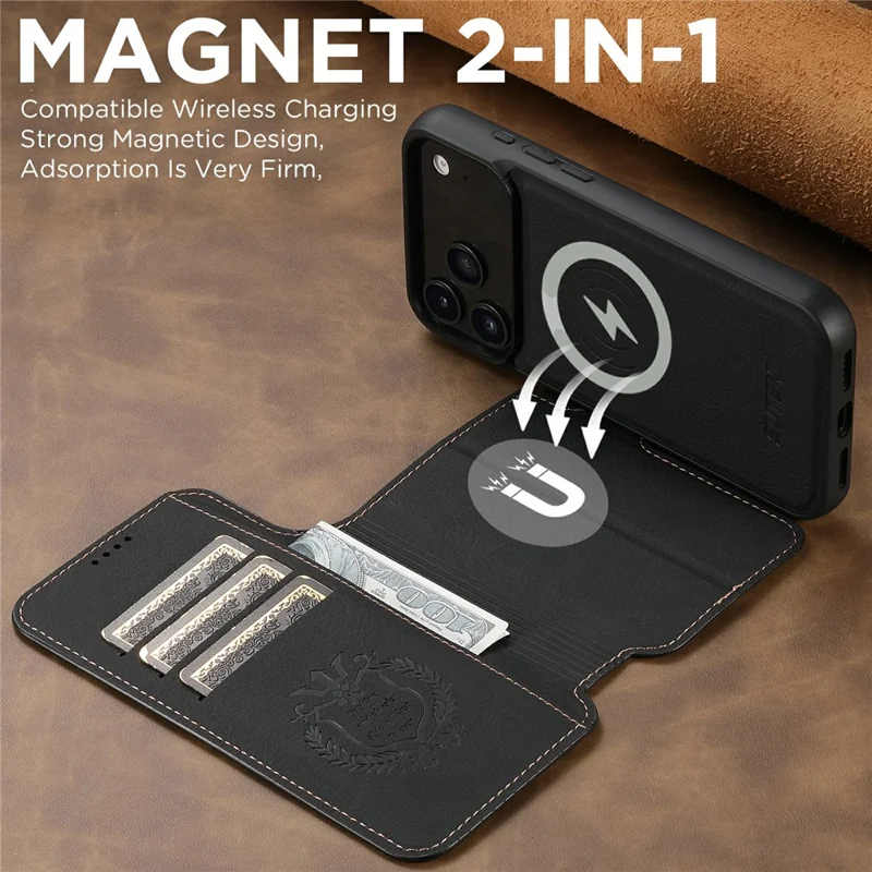 SUTENI Q-05 For iPhone 17 Pro Case Detachable Wallet Stand Litchi Texture Leather Flip Phone Cover - Black