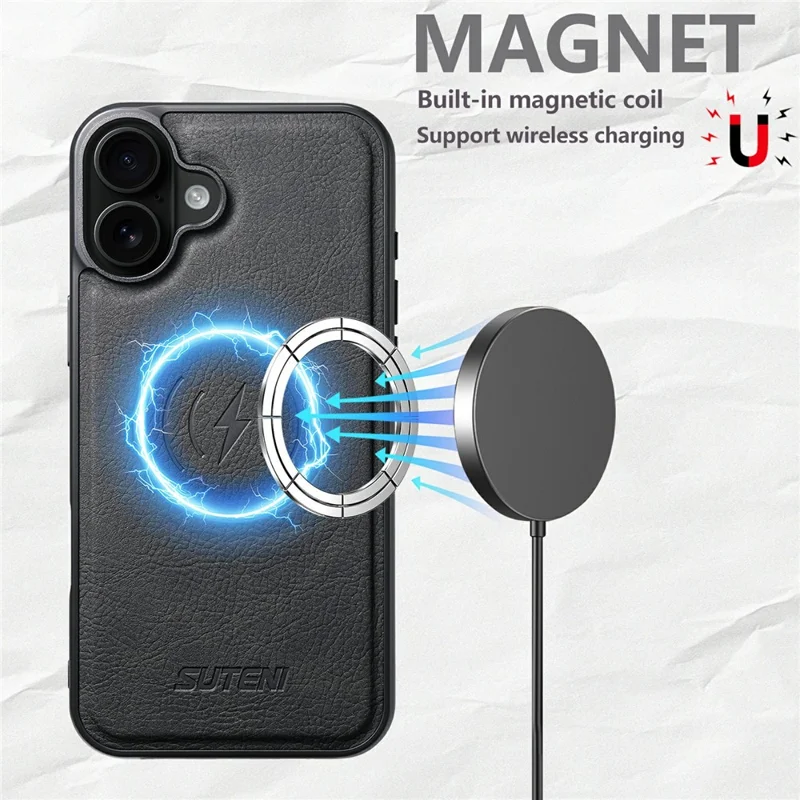 SUTENI G5 For iPhone 17 Case Compatible with MagSafe Litchi Texture Leather Back Cover - Black
