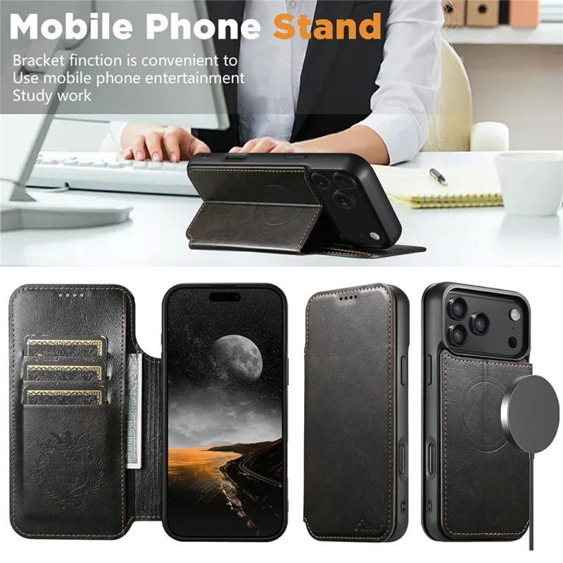 SUTENI J05 Étui en cuir PU texturé à rabat pour iPhone 17 Pro Max, compatible avec MagSafe - Noir