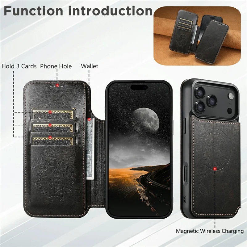 SUTENI J05 Étui pour iPhone 17 Pro Compatible avec MagSafe en Cuir PU Texturé à Rabat - Noir