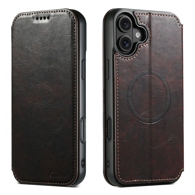 Funda SUTENI J05 para iPhone 17 Compatible con MagSafe de Cuero PU Texturizado Tipo Libro - Marrón