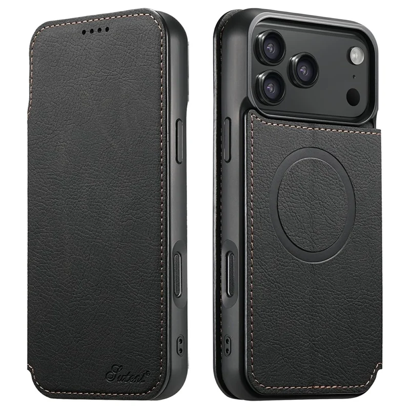 SUTENI J06 Étui en cuir de style grain de litchi pour iPhone 17 Pro Max, compatible avec MagSafe - Noir