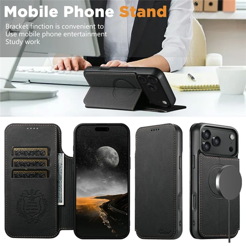 SUTENI J06 Étui en cuir de style grain de litchi pour iPhone 17 Pro Max, compatible avec MagSafe - Noir