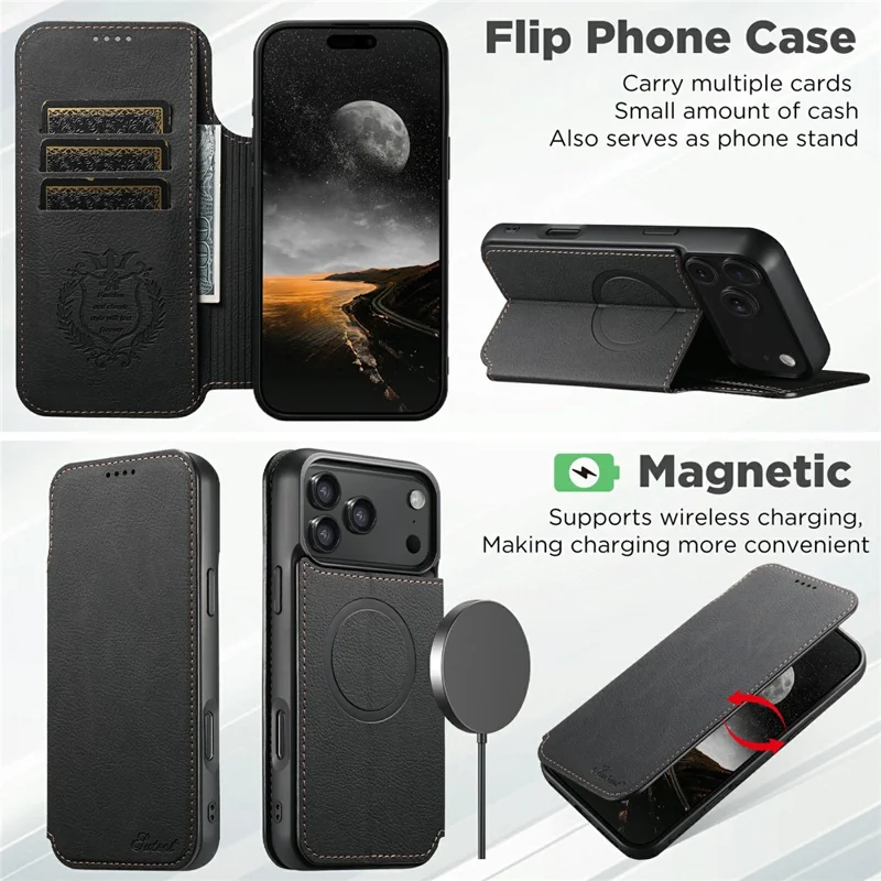 SUTENI J06 Étui pour iPhone 17 Pro Texture de litchi Portefeuille en cuir Coque de téléphone Compatible avec MagSafe - Noir