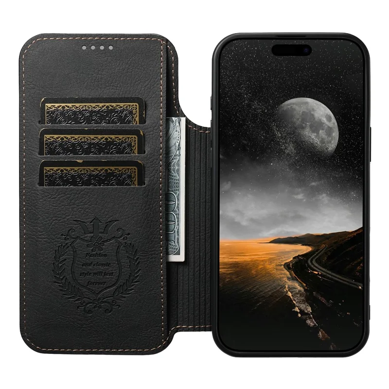 SUTENI J06 Étui pour iPhone 17 Pro Texture de litchi Portefeuille en cuir Coque de téléphone Compatible avec MagSafe - Noir