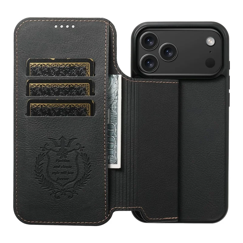 SUTENI J06 Étui pour iPhone 17 Pro Texture de litchi Portefeuille en cuir Coque de téléphone Compatible avec MagSafe - Noir