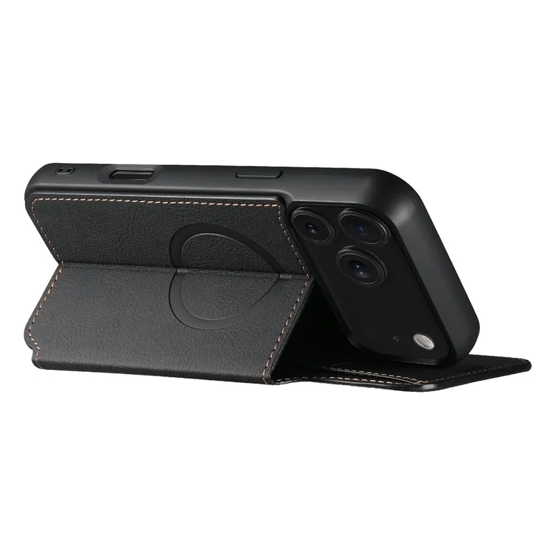SUTENI J06 Étui pour iPhone 17 Pro Texture de litchi Portefeuille en cuir Coque de téléphone Compatible avec MagSafe - Noir
