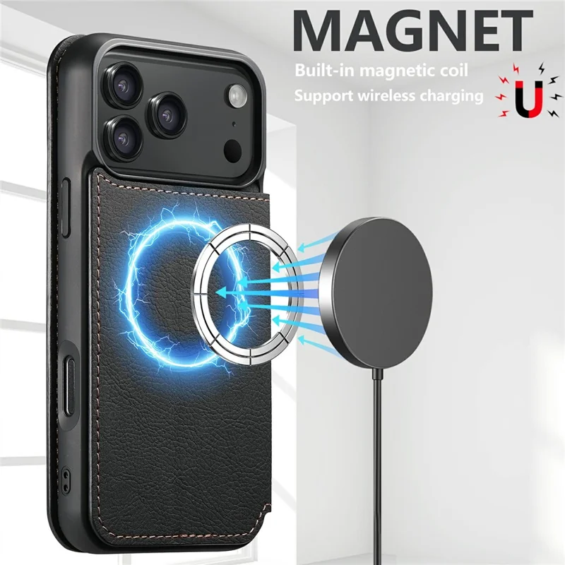 SUTENI J06 Étui pour iPhone 17 Pro Texture de litchi Portefeuille en cuir Coque de téléphone Compatible avec MagSafe - Noir