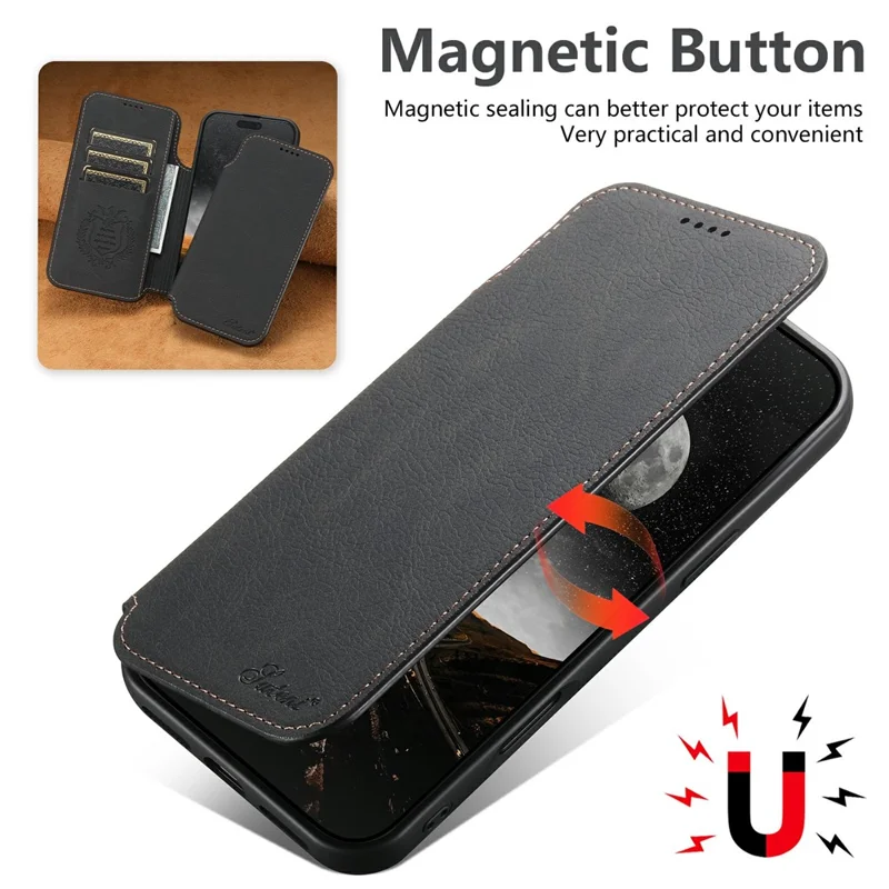 SUTENI J06 Étui pour iPhone 17 Pro Texture de litchi Portefeuille en cuir Coque de téléphone Compatible avec MagSafe - Noir