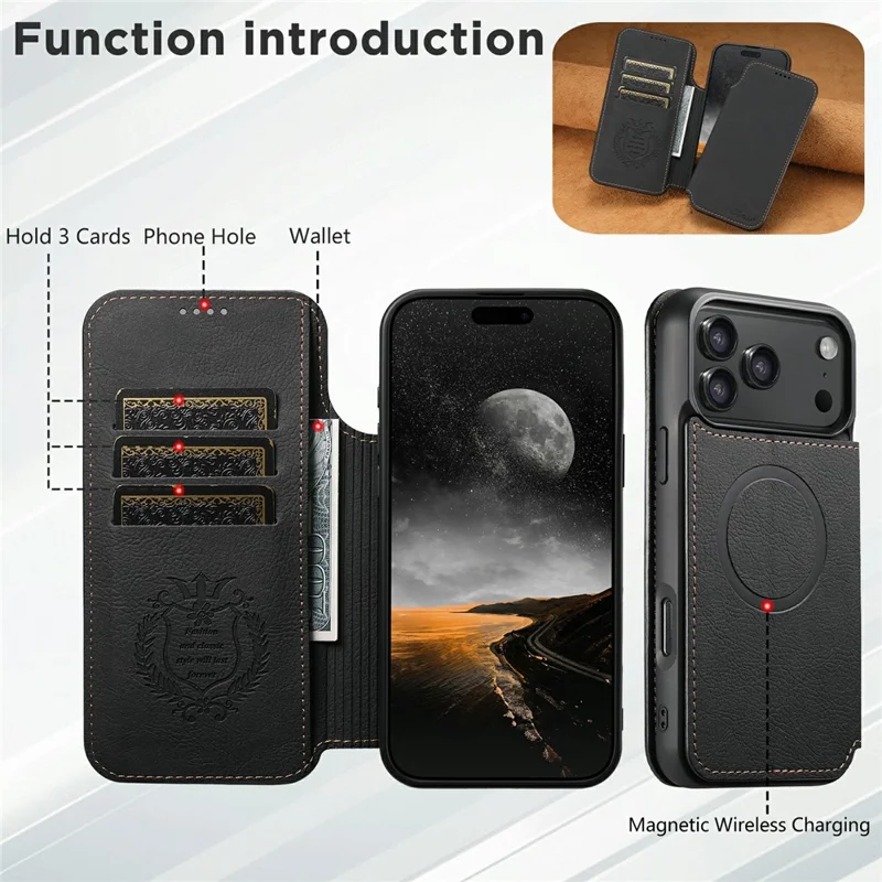 SUTENI J06 Étui pour iPhone 17 Pro Texture de litchi Portefeuille en cuir Coque de téléphone Compatible avec MagSafe - Noir