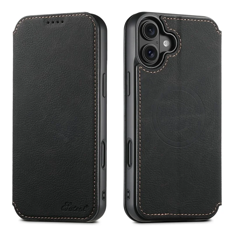 SUTENI J06 til iPhone 17 Case Litchi-struktur Læder Wallet Phone Shell Kompatibel med MagSafe - Sort