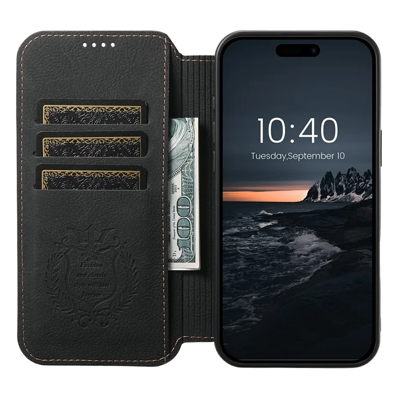 SUTENI J06 til iPhone 17 Case Litchi-struktur Læder Wallet Phone Shell Kompatibel med MagSafe - Sort