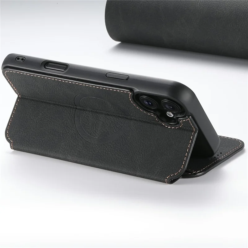 SUTENI J06 til iPhone 17 Case Litchi-struktur Læder Wallet Phone Shell Kompatibel med MagSafe - Sort