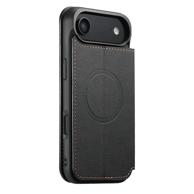 SUTENI J06 Pour iPhone 17 Étui à Air Aspect Cuir Grainé Portefeuille Coque de Téléphone Compatible avec MagSafe - Noir