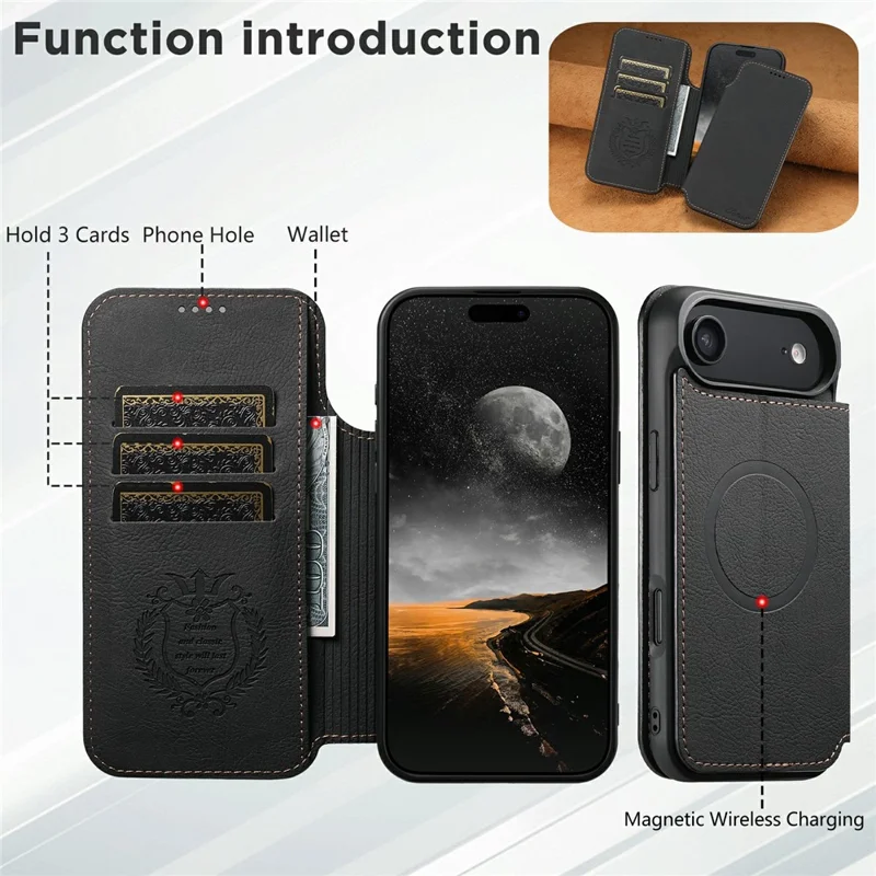SUTENI J06 Pour iPhone 17 Étui à Air Aspect Cuir Grainé Portefeuille Coque de Téléphone Compatible avec MagSafe - Noir