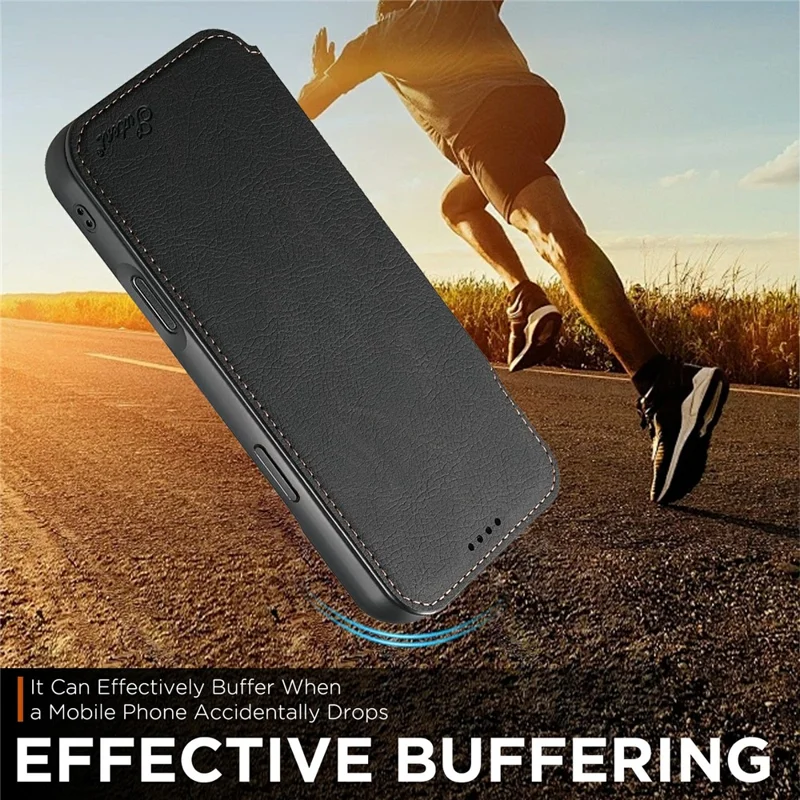 SUTENI J06 Pour iPhone 17 Étui à Air Aspect Cuir Grainé Portefeuille Coque de Téléphone Compatible avec MagSafe - Noir