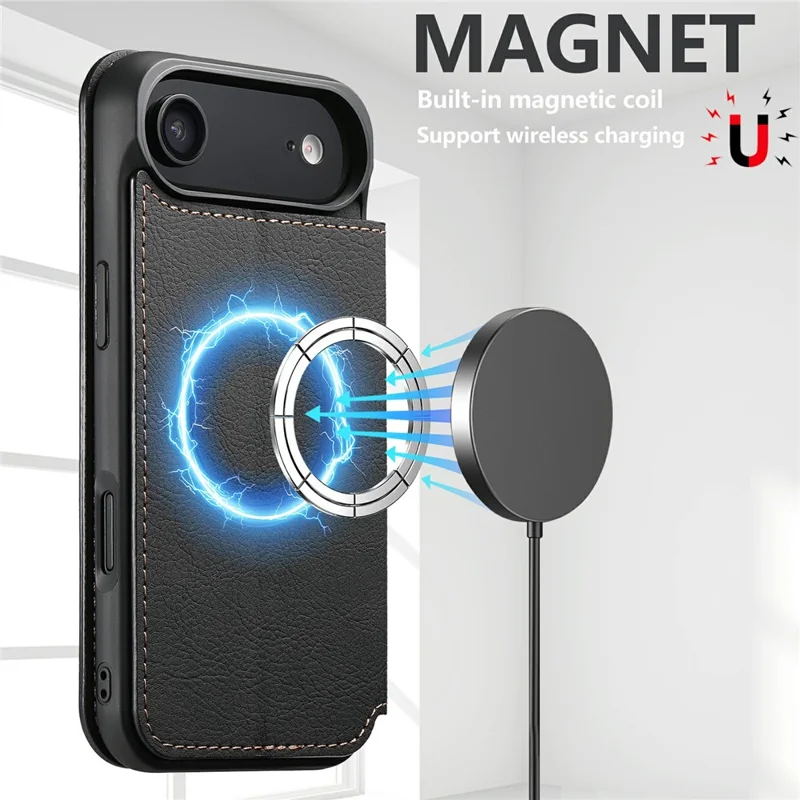 SUTENI J06 Pour iPhone 17 Étui à Air Aspect Cuir Grainé Portefeuille Coque de Téléphone Compatible avec MagSafe - Noir