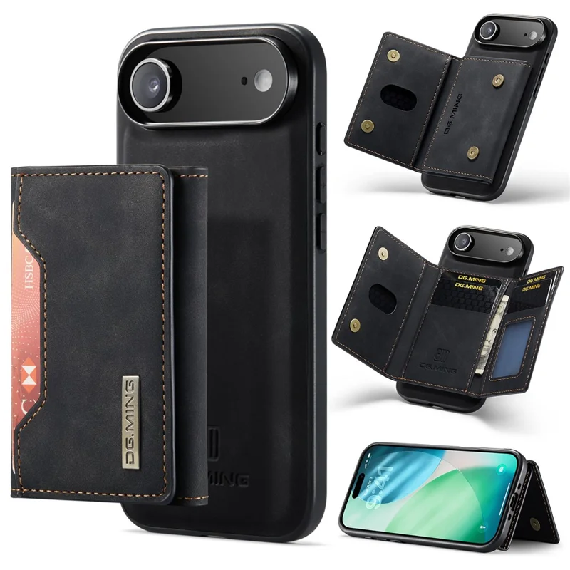 Étui pour iPhone 17 Air DG.MING M2 Series, en PU + PC + TPU, avec portefeuille amovible - Noir