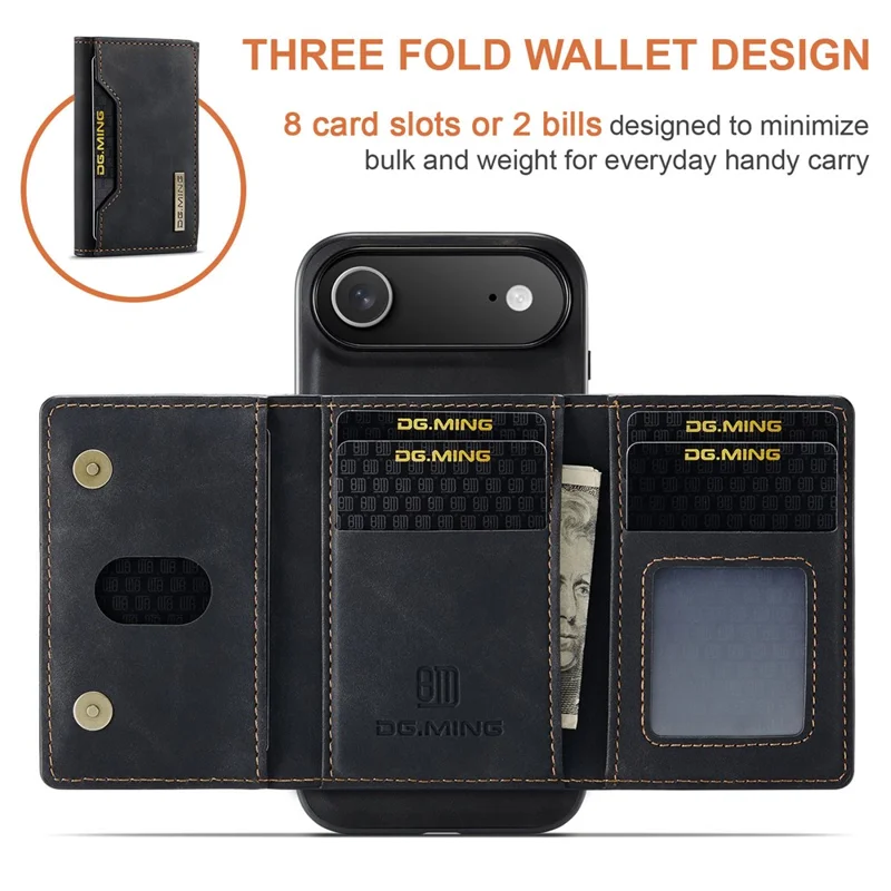 Étui pour iPhone 17 Air DG.MING M2 Series, en PU + PC + TPU, avec portefeuille amovible - Noir