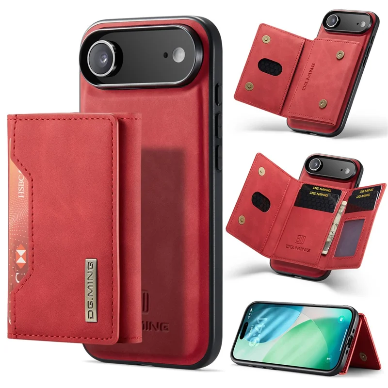 DG.MING Série M2 para iPhone 17 Capa de Ar em Couro PU + PC + TPU Capa de Celular Carteira Destacável - Vermelho