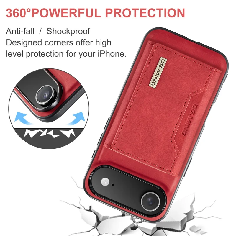 DG.MING Série M2 para iPhone 17 Capa de Ar em Couro PU + PC + TPU Capa de Celular Carteira Destacável - Vermelho