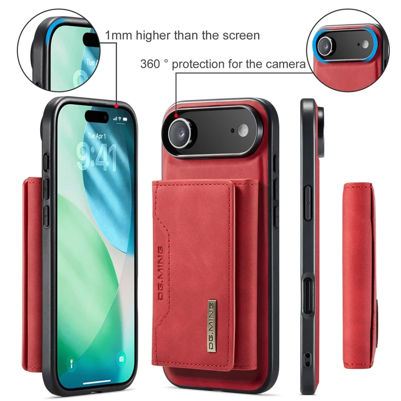 DG.MING Série M2 para iPhone 17 Capa de Ar em Couro PU + PC + TPU Capa de Celular Carteira Destacável - Vermelho