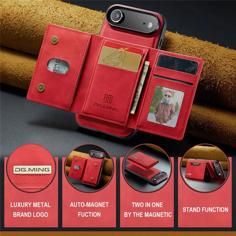 DG.MING Série M2 para iPhone 17 Capa de Ar em Couro PU + PC + TPU Capa de Celular Carteira Destacável - Vermelho